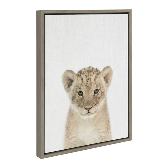 Kate and Laurel Sylvie Baby Lion Color Framed Canvas Wall Art by Simon Te of Tai Prints, 18x24 Gray, Adorable Animal Art, Kids Room, Playroom