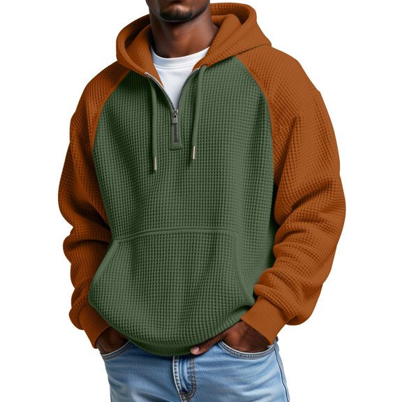 Men's Heavyweight Waffle Hoodie - Two-tone Trendy Long Sleeve Drawstring Hooded Sweatshirt With Pocket, Army Green, L