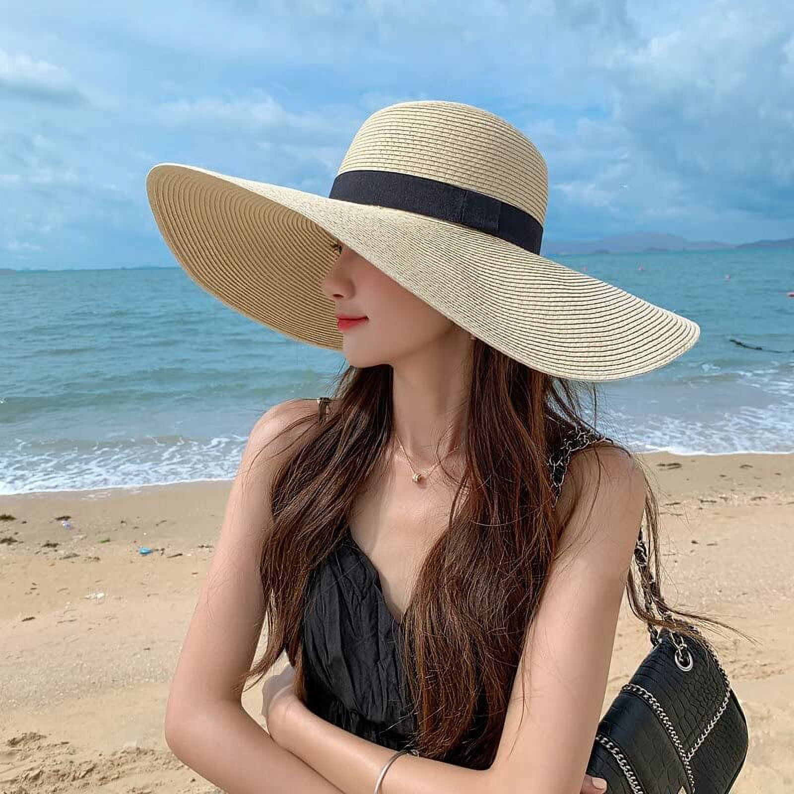 CoCopeaunts Women Summer Foldable Big Brim Straw Hat Wide Brim Beach Hat  Lady Travel Sun Hat Sunscreen UV50+ Panama Sun Cap (Beige) 