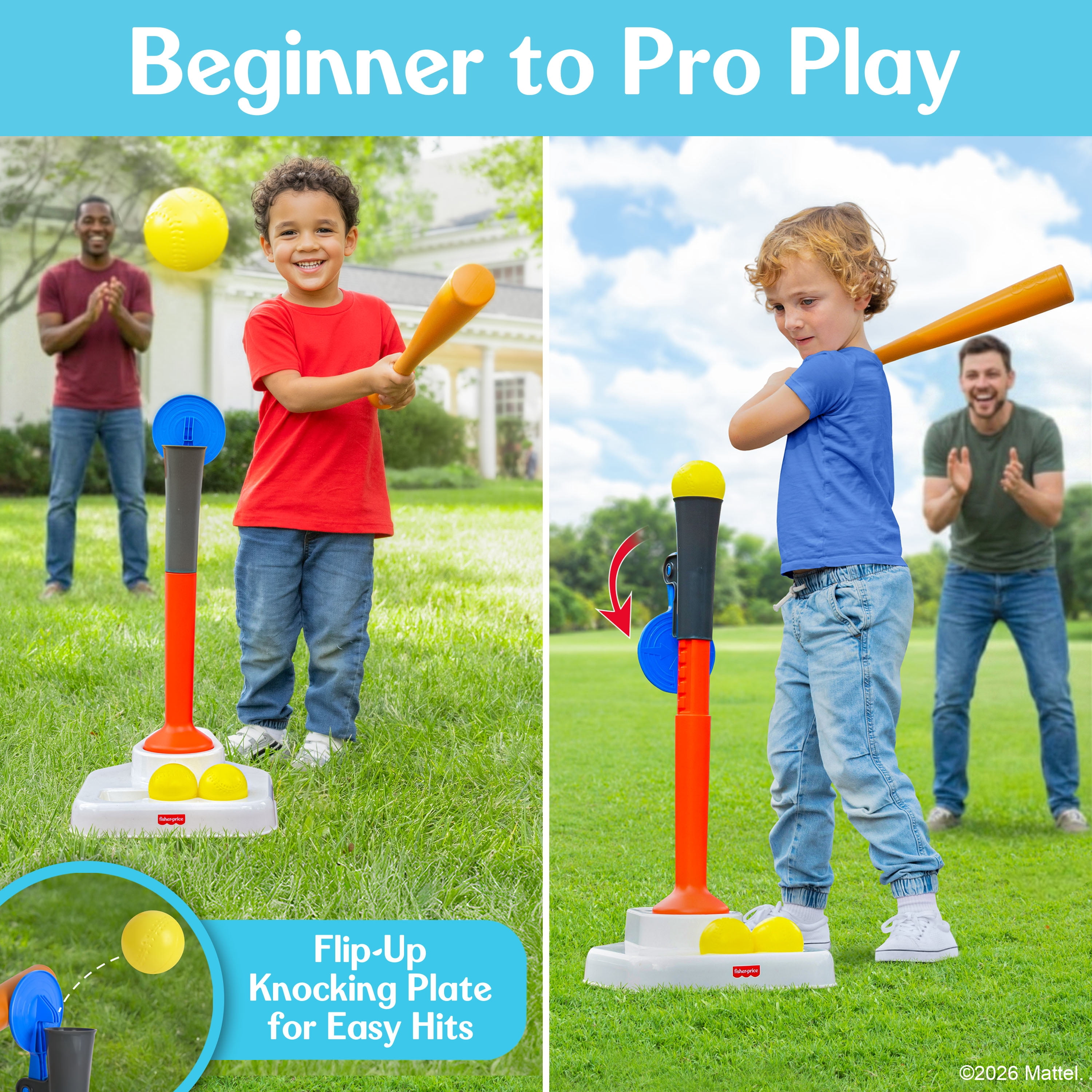 Fisher-Price Grow-to-Pro 2-in-1 Tee Ball Set, Height Adjustable Batting Practice & Outdoor Play Toy, Children Ages 18 Months +