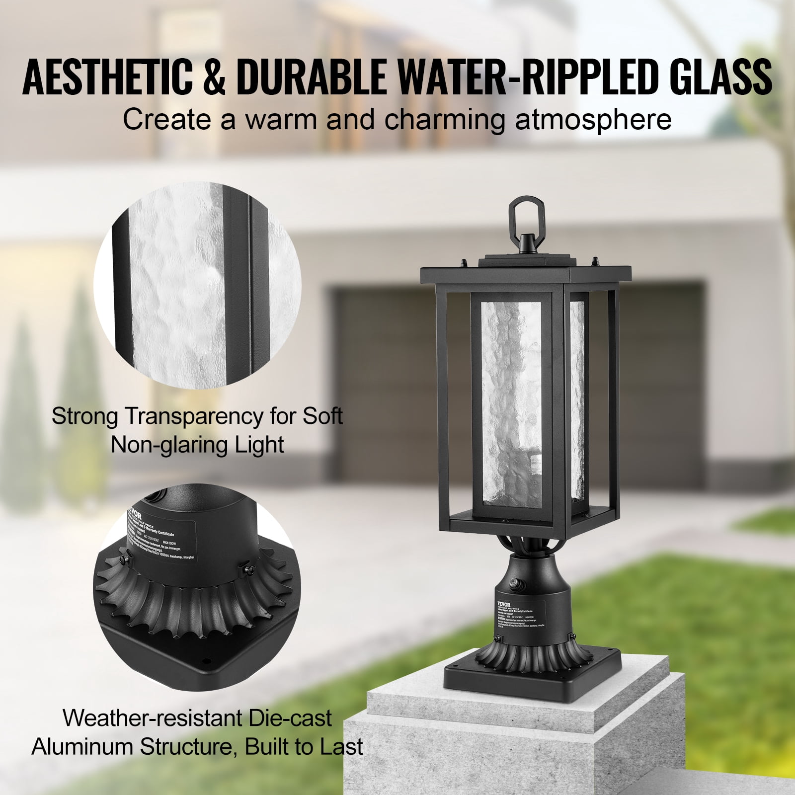 VEVOR 2 Pack Dusk to Dawn Outdoor Post Light, 17.72 in, Waterproof Lamp Post Light Fixtures with 3.5 in Pier Mount Base Glass Shade, Lightning-proof Exterior Pole Column Light