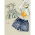 thumbnail image 2 of Bagilaanoe 2pcs Toddler Baby Girl Shorts Set Sleeveless Pleated Camisole Tops + Ripped  Denim Shorts 12M 18M 24M 3T 4T 5T Kids Casual Summer Clothes, 2 of 8