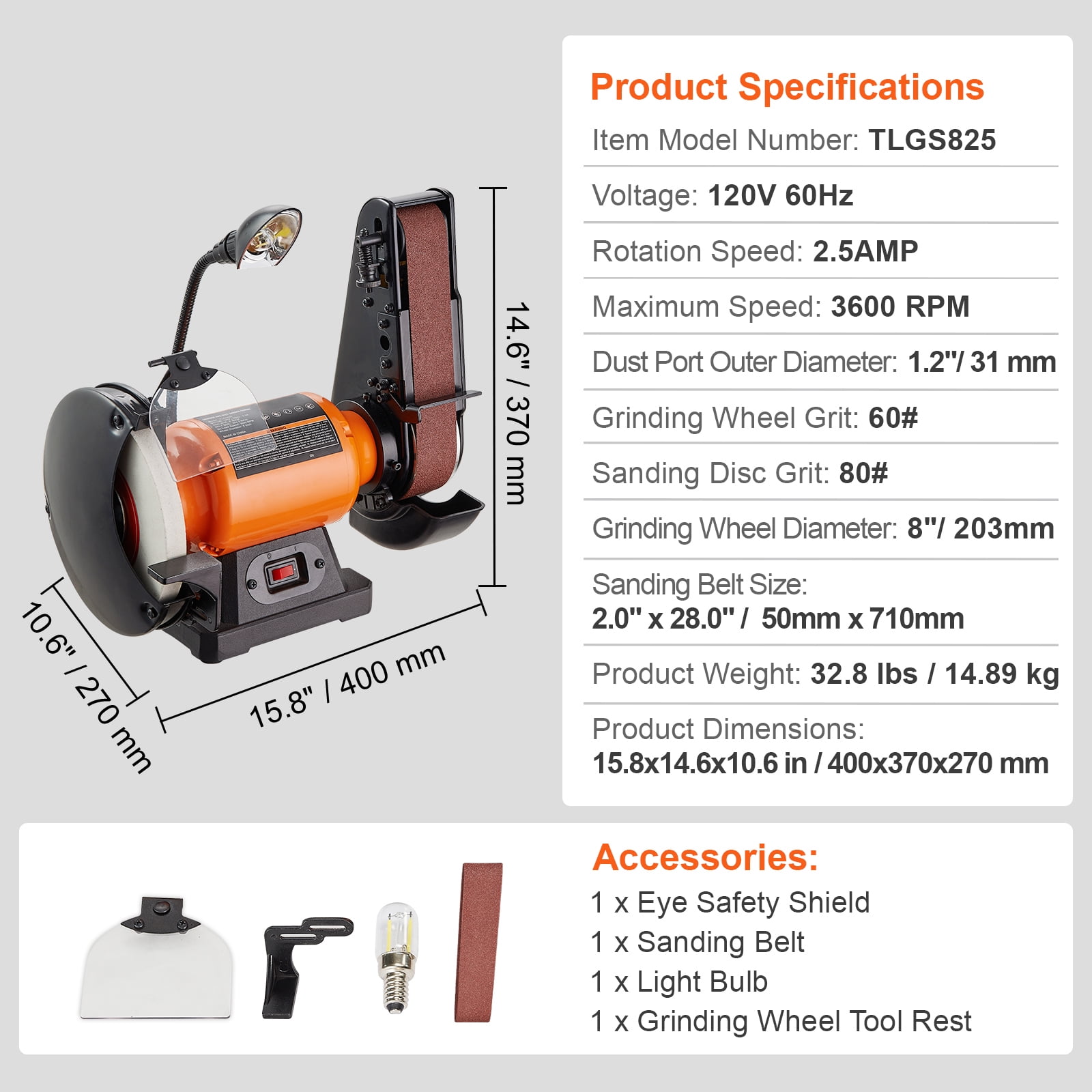 VEVOR Bench Grinder, 8" Bench Grinder Sander with 2.5A Induction Motor with 2" x28 " Belt Sander Combo for Metalworking Sharpening Grinding