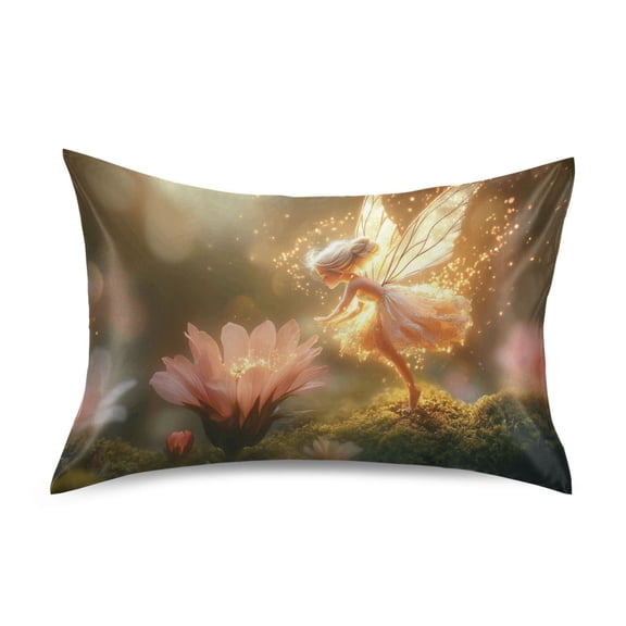 Dailycode Satin Pillow Case Standard Silk Pillow Cover for Hair and Skin Envelope Closure Fairy Flying over Flowers 20"x26"
