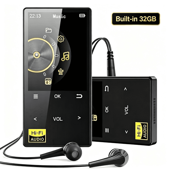 32GB MP3 Player with Bluetooth 5.4,Portable Lossless HiFi Sound Music Player with HD Speaker,Digital Audio Player,E-Book/Recorder/FM Radio,Touch Buttons,Support up to 128GB for Running,Walking