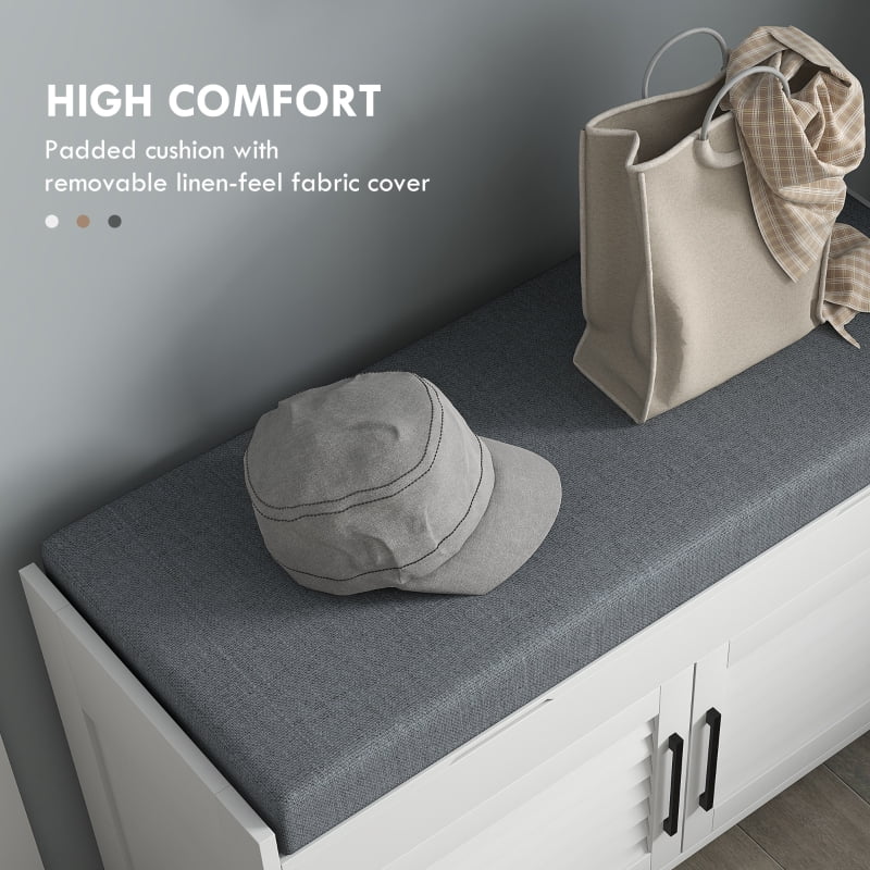 HOQBN Shoe Storage Bench, Modern Entryway Bench with Cushion, Hidden Compartments, Adjustable Shelves, and Shutter Doors, White