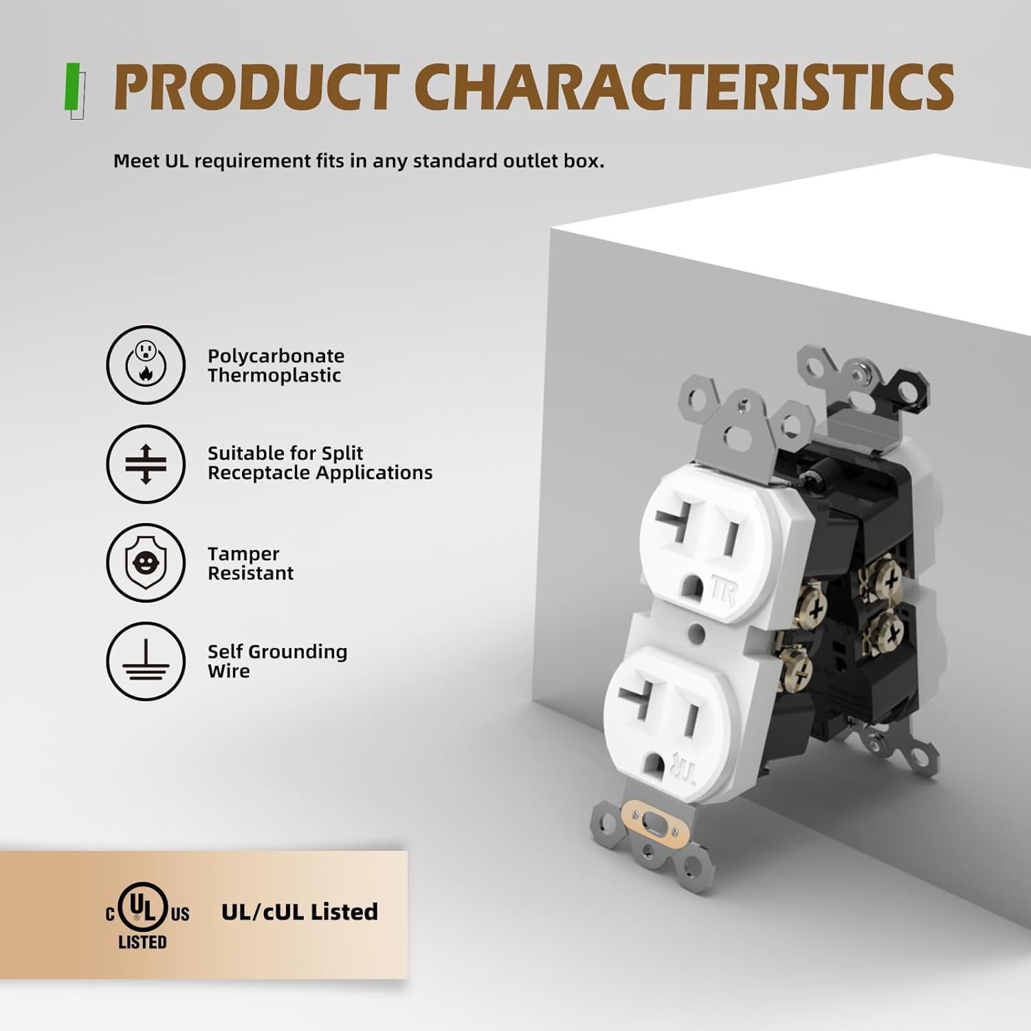 Duplex Wall Receptacle Outlets, 20A Tamper-Resistant Electrical Receptacle, 2 Pole 3 Wire, Self-Grounding, Residential Grade Wall Power Socket, White, UL Listed, 10 Pack