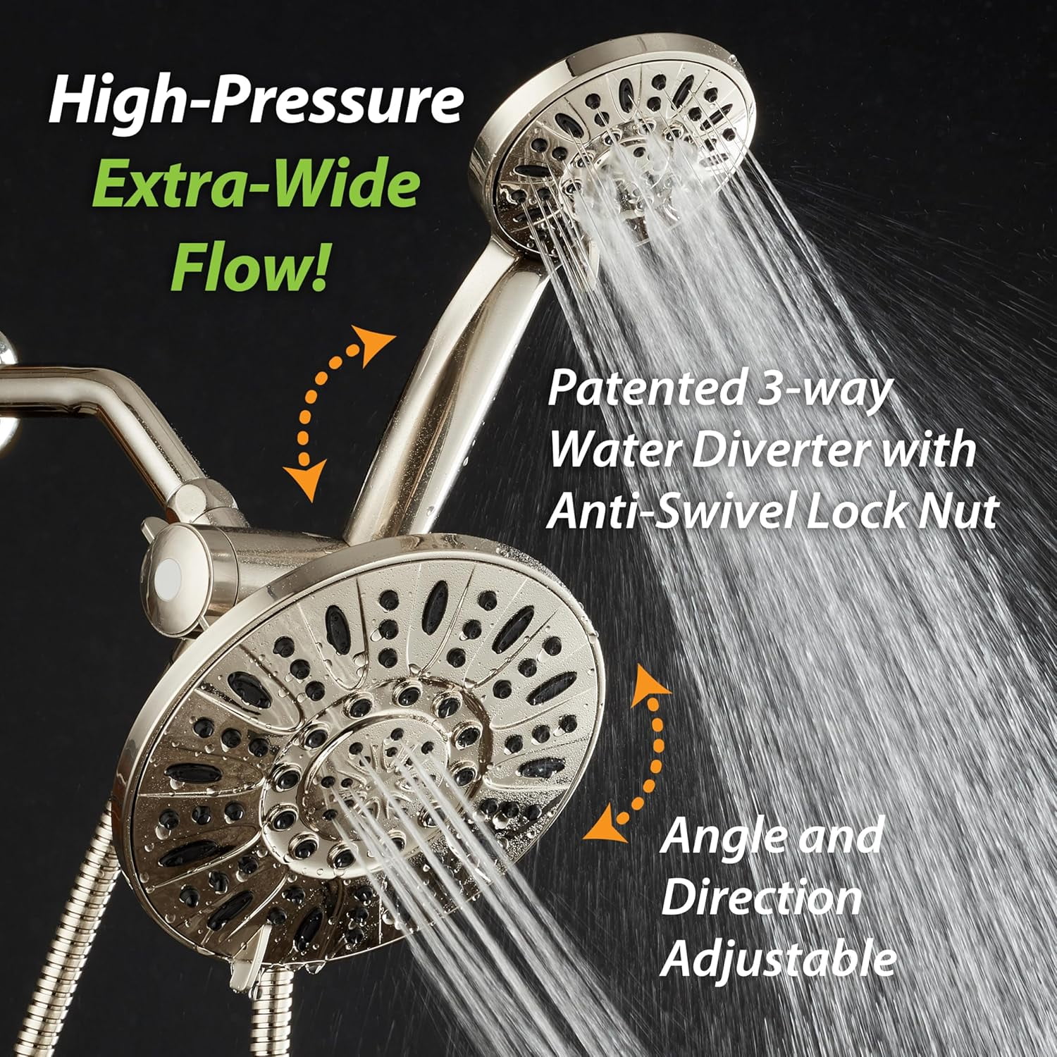 Premium High Pressure 3-Way Rainfall Combo for The Best of Both Worlds - Enjoy Luxurious Rain Showerhead and 6-Setting Hand Held Shower Separately or Together