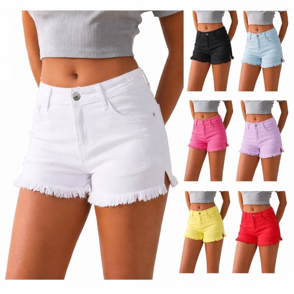 Jean Shorts for Women High Waisted Fringe Hem Distressed Denim Shorts Casual Stretch Summer Shorts with Pockets