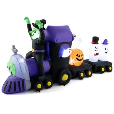 Costway 8.2 ft Long Halloween Inflatable Train LED Lighted Train w/ Witch 4 Ghosts & Pumpkin