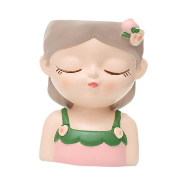 Maceta de resina pequeña Colamx diseño de niña de dibujos animados Gris y rosa