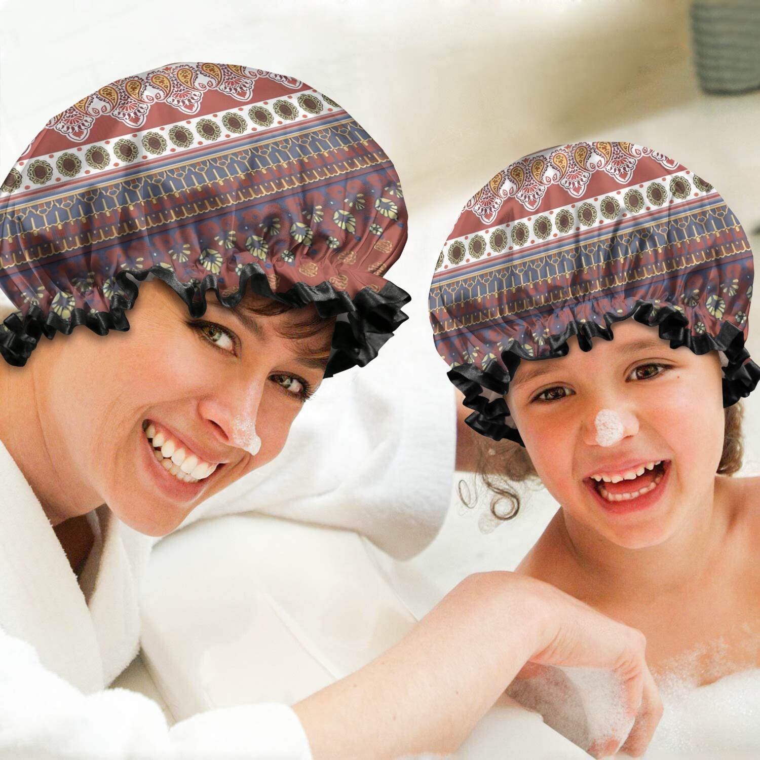 Shower Caps,Black Boho Oriental Flowers and Paisleys Pattern Waterproof Shower Cap for Women 4 Pieces,Double Reusable Hair Cover for Shower PEVA Elastic Stretch Hem