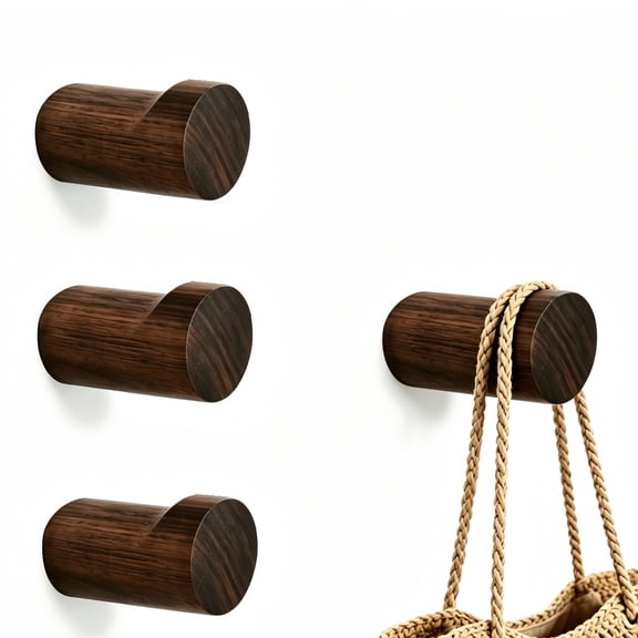 4 Pack Rustic Wood Wall Hooks – Handmade Walnut Wood, Heavy Duty Wall Mount for Coats, Hats, Robes & Towels, Boho Entryway & Bathroom Hanger