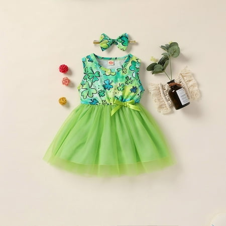 

Rewenti Toddler Baby Girls Net Yarn Solid Color St. Patrick s Day Four-leaf Print Sleeveless Skirt Dress Mint Green 12-18 Months