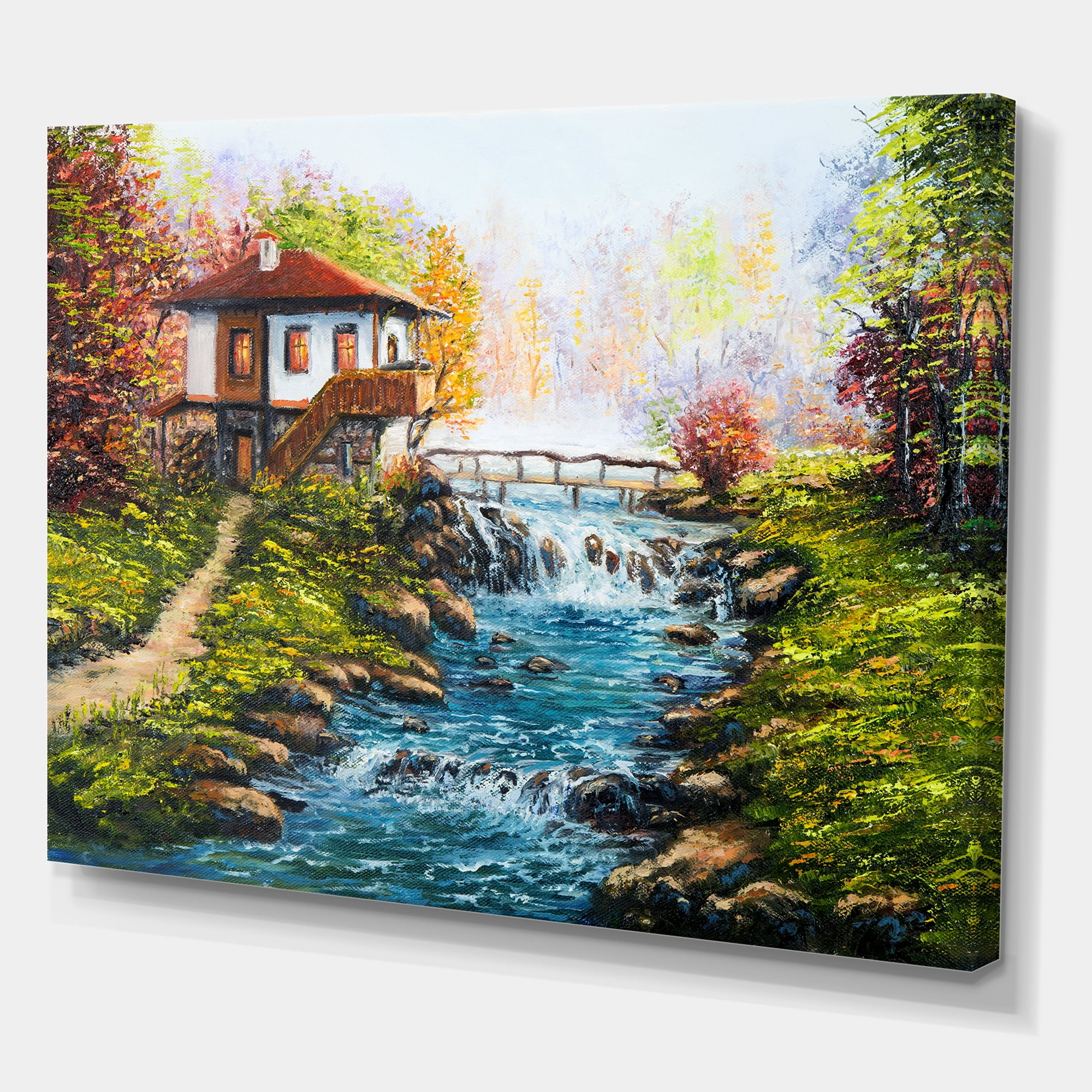 Designart ' Traditional Bulgarian River and House ' Lake House Canvas Wall Art Print
