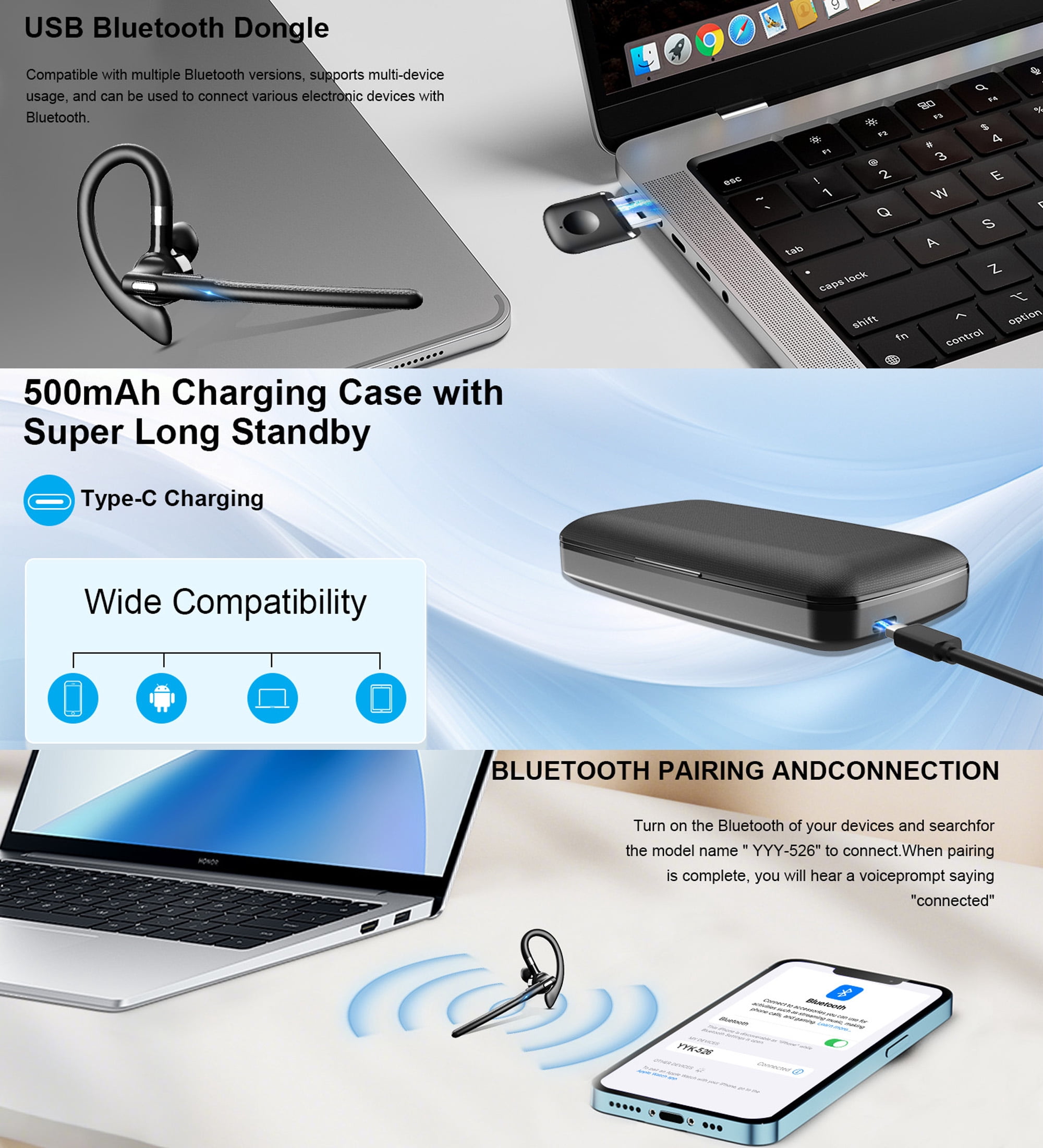Bluetooth Headset, Wireless Earpiece with 500mAh Charging Case Hands Free Noise Canceling Headphones with Dual-Mic for Computer Cell Phones Trucker Home Office Work