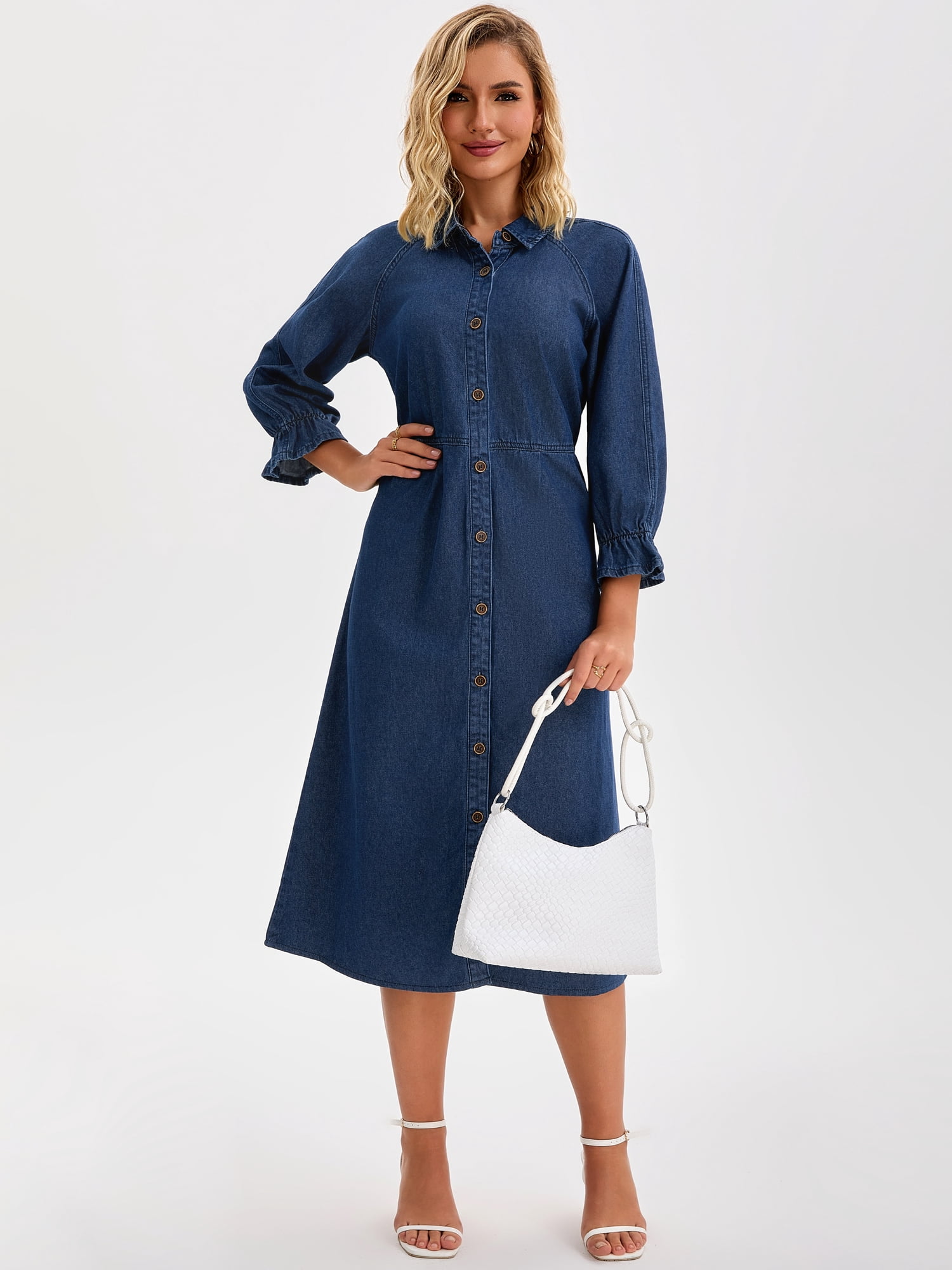 DARING DIVA Women's Ruffle 3/4 Sleeve Jean Button Down Shirt Dress M Dark Blue