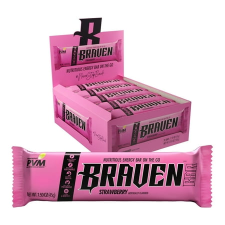 pack of 20 braven bars strawberry energy bar (1.59 oz) (bb 11/6/26) delicious taffy-like energy bar  sustained energy boost  quality protein & balanced nutrition for on-the-go. gluten free.