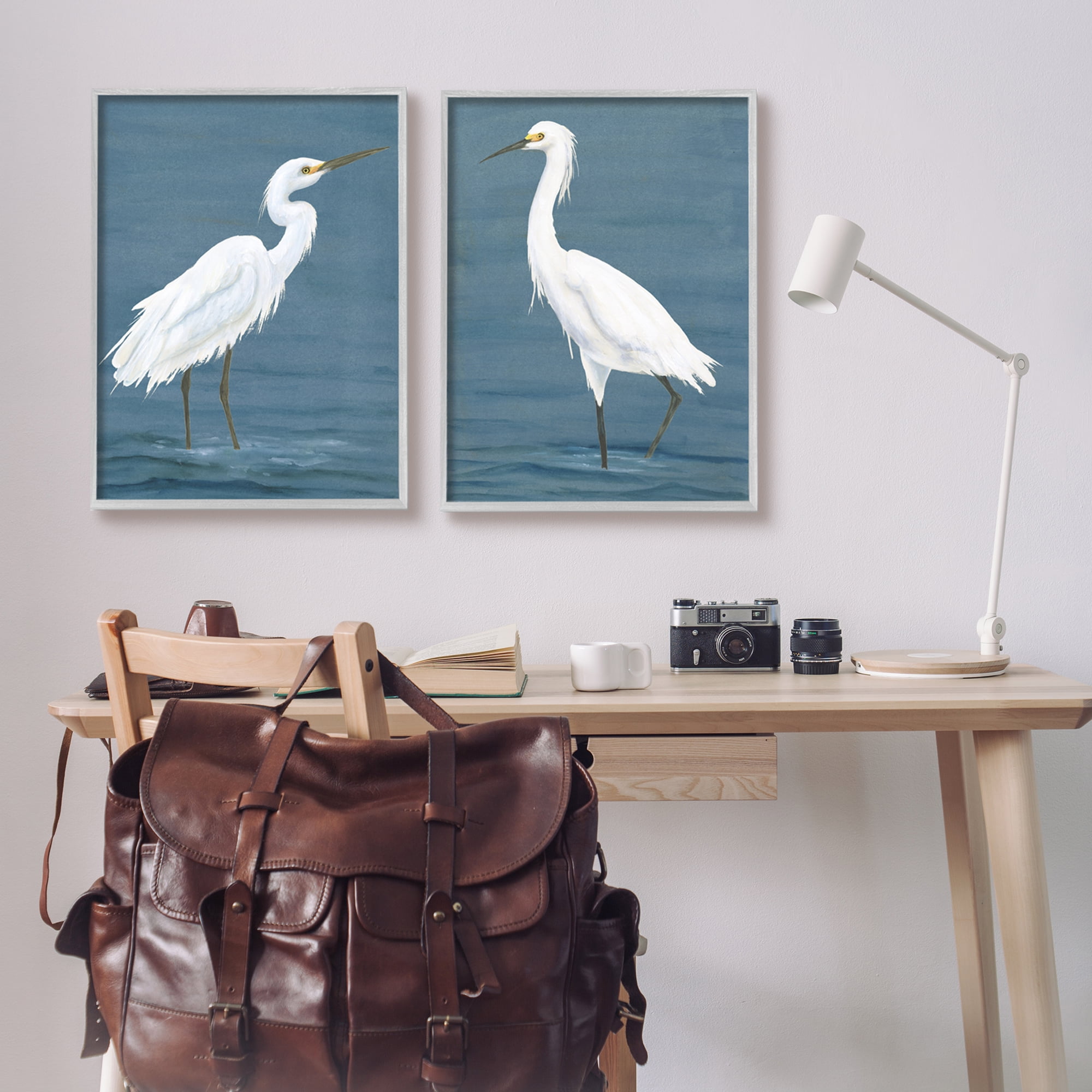 Stupell Industries White Egrets on Shore Animals & Insects Painting Gray Framed Art Print Wall Art, 24 x 30