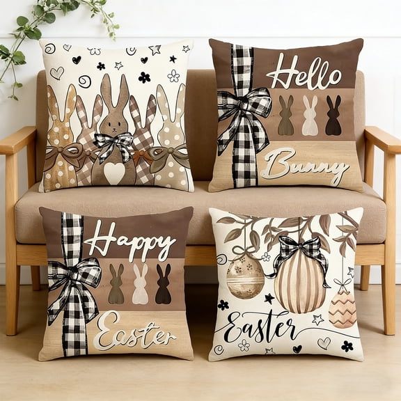 AuroraX Easter Throw Pillow Covers Set of 4 18x18 Inch Square Farmhouse Short Plush Outdoor Eggs Bunny Rabbits Decorative Pillow Covers 4 Pack Brown Spring Cushion Case for Couch Sofa Living Room