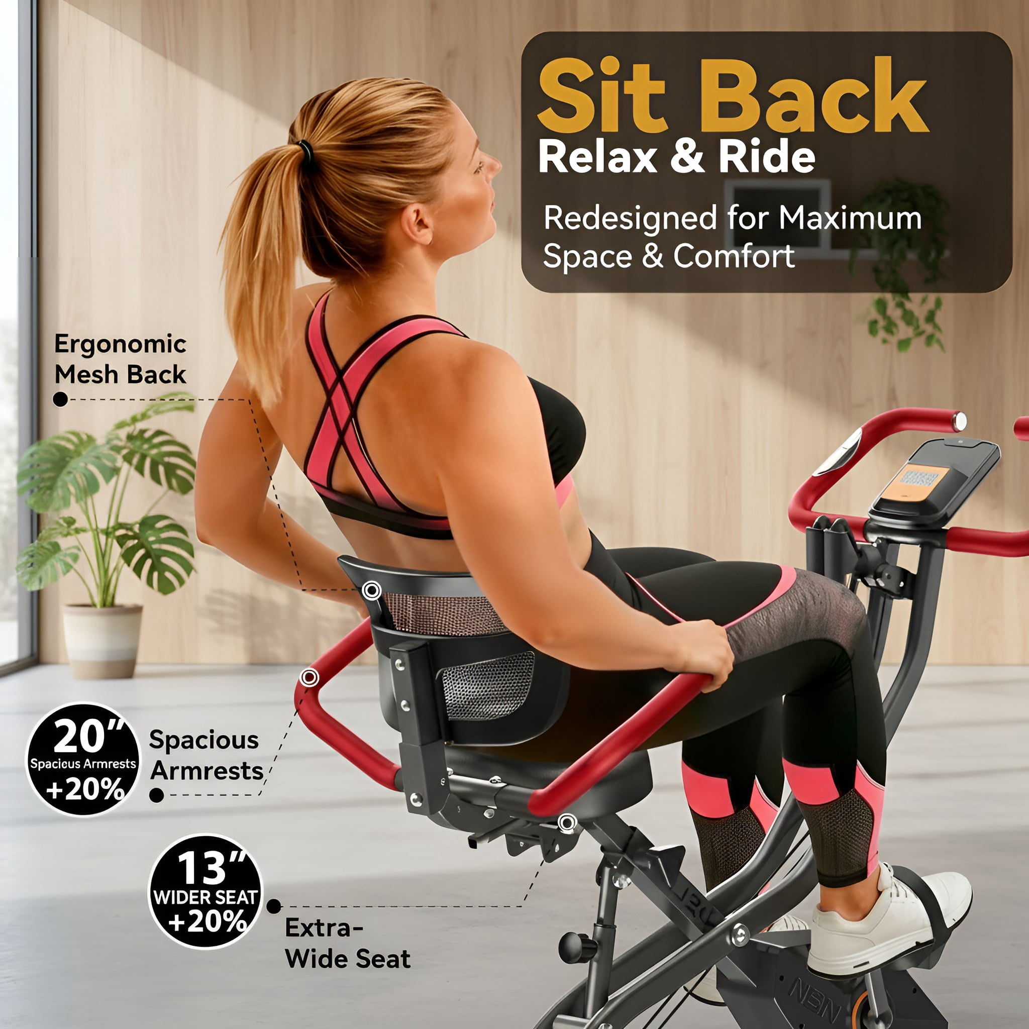 USLIM Foldable Stationary Exercise Bike for Home Workout, Indoor Cycling Design, Mesh Backrest, Wide Seat, Arm Resistance Bands, 300 lb Capacity, Red