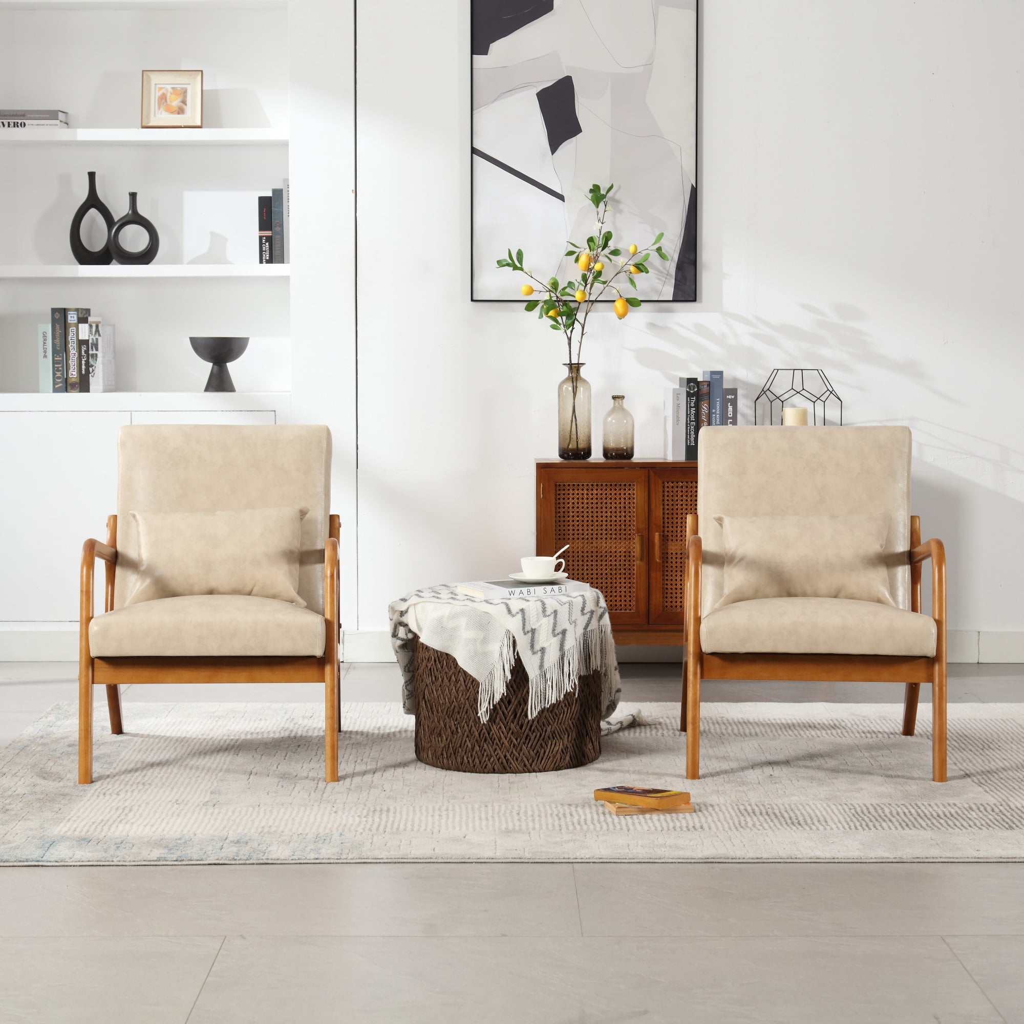 Miniyam Modern PU Leather Accent Chair, Solid Wood Lounge Reading Armchair With One Pillow for Living Room, Bedroom, Guest Room, Khaki
