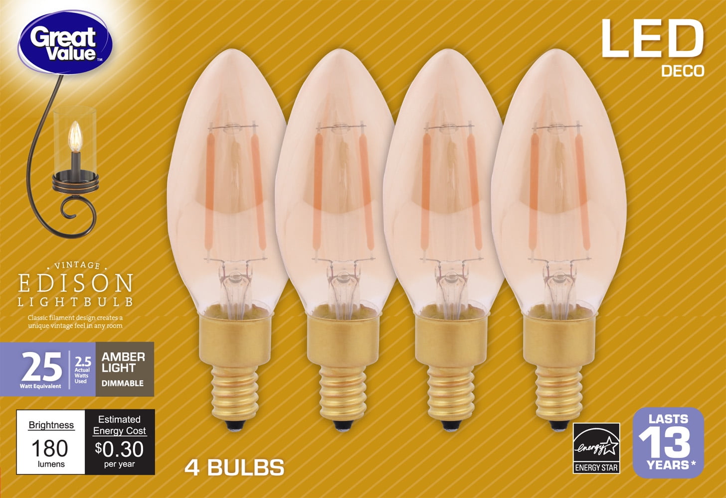 Great Value LED 2.5 Watt Deco Amber Light Candelabra Base Bulbs, 4