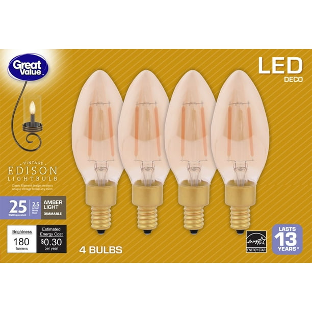 Great Value LED 2.5 Watt Deco Amber Light Candelabra Base Bulbs, 4