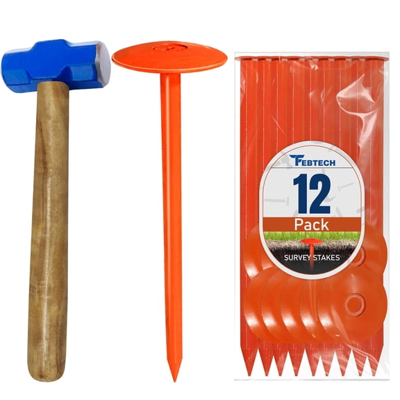 FEBTECH - Septic Tank Marker - 2.7" x 10" - Suitable Property line Markers for Protecting Your Septic Tank and Property Boundary with Solid and Sturdy Septic Tank Marker - Pack of 12 Pcs 1 Hammer