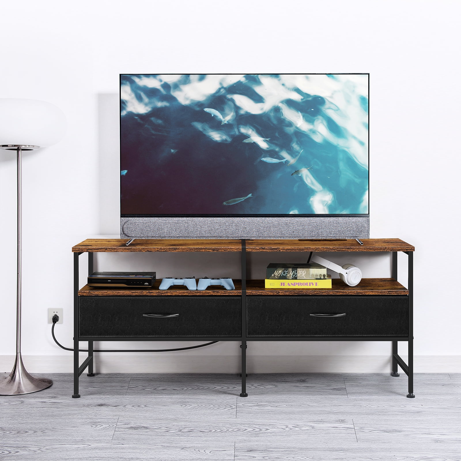 47.2"L TV Cabinet Industrial TV Cabinet with Fabric for Living Room, Bedroom With Charging Stake Brown