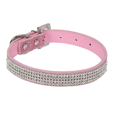 Studded Latigo Dog Collar - HDE Rhinestone Dog Collar Sparkly Crystal Diamond Studded Bling Encrusted Soft Leather Like Pet Collar (Pink, Small)