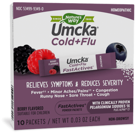 Nature s Way Umcka FastActives Cold + Flu Relief Multi-Action  10 Powder Packets  Berry Flavor Nature s Way Umcka FastActives Cold + Flu Relief Multi-Action  10 Powder Packets  Berry Flavor. Why Umcka Cold+Flu? Sometimes you re not sure if it s a cold or flu. Cold and flu symptoms can be so similar; it can be difficult to determine the cause of your discomfort. Trust these products for maximum relief from: Minor Aches/Pains†† Congestion/stuffy nose Cough Chills/Fever†† Sneezing/Runny Nose Sore Throat Why Umcka Cold+Flu Berry FastActives®? Suitable for Children – Convenient and Non-Drowsy! Umcka Cold+Flu Berry FastActives combine Pelargonium sidoides 1X plus Alpha® CF into one great-tasting  non-drowsy  multi-action cold and flu formula. The convenient delivery form allows you to pour great-tasting powder directly into your mouth. The powder packets are easy to pack and carry with you  so you can take them at a moment s notice. Plus  they re delicious and safe for ages 6 and up.