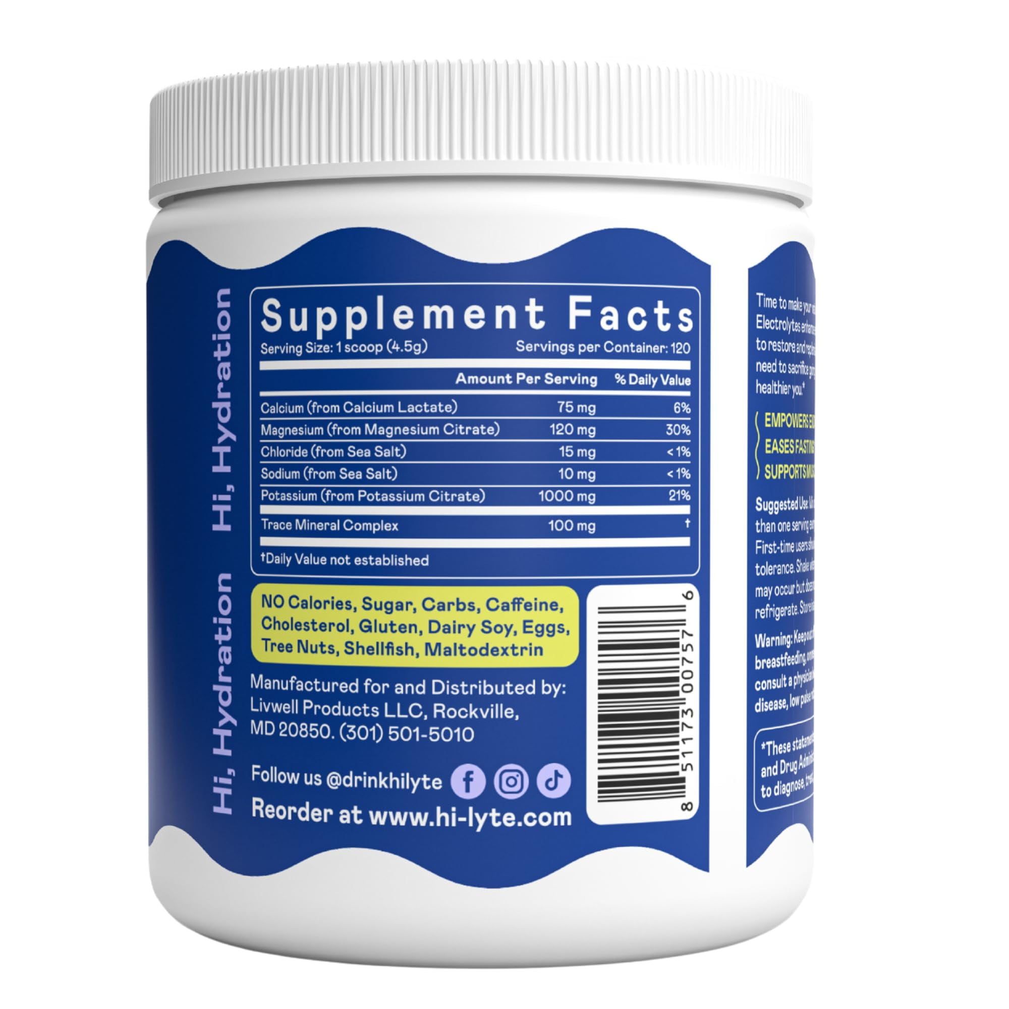 Hi-Lyte Keto K1000 Electrolyte Powder | Unflavored | Hydration Supplement Drink Mix | Boost Energy & Beat Leg Cramps | No Maltodextrin or Sugar | 120 Servings