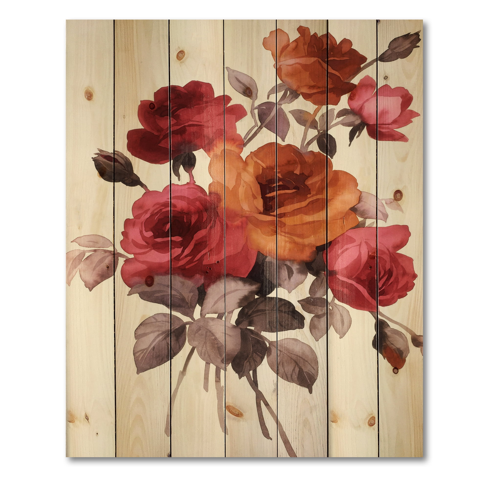 Designart 'Vintage Red and Orange Roses' Traditional Print on Natural Pine Wood