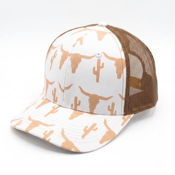 White Caramel Bull Skull Horn Cactus Womens Snap Back Outdoor Western Punchy Fashion Trucker Baseball Cap