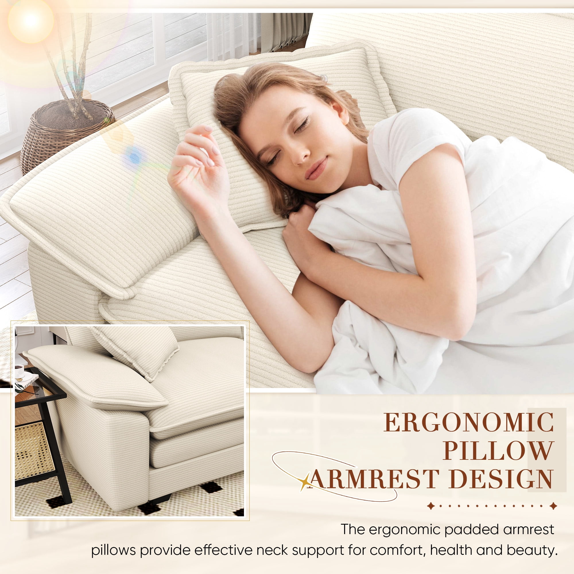 Lunale 80.5" Oversized 2 Seater Corduroy Sofa, Deep Seat Sleeper Cloud Couch for Living Room, Beige