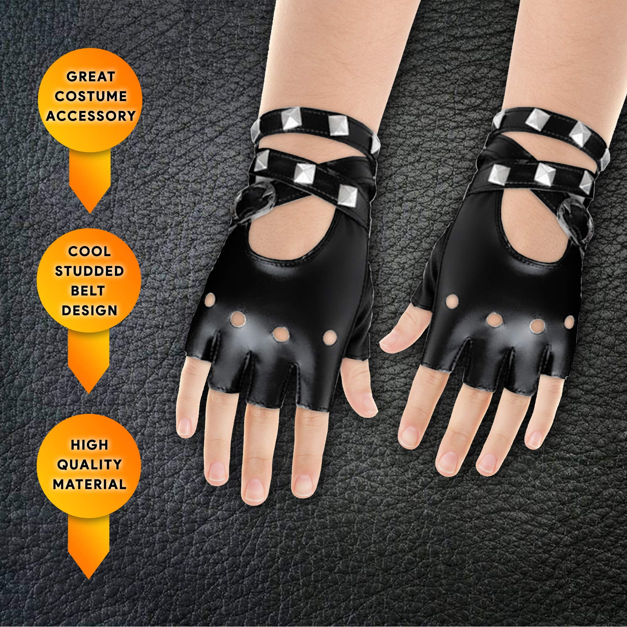 Skeleteen Fingerless Faux Leather Gloves - Black Biker Punk