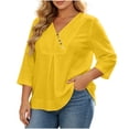 thumbnail image 2 of ClodeEU Women's V Neck 3/4 Flared Bell Sleeve Pleated Tunic Blouse,Casual Loose Plus Size Top Yellow,Women's Plus XXL, 2 of 6