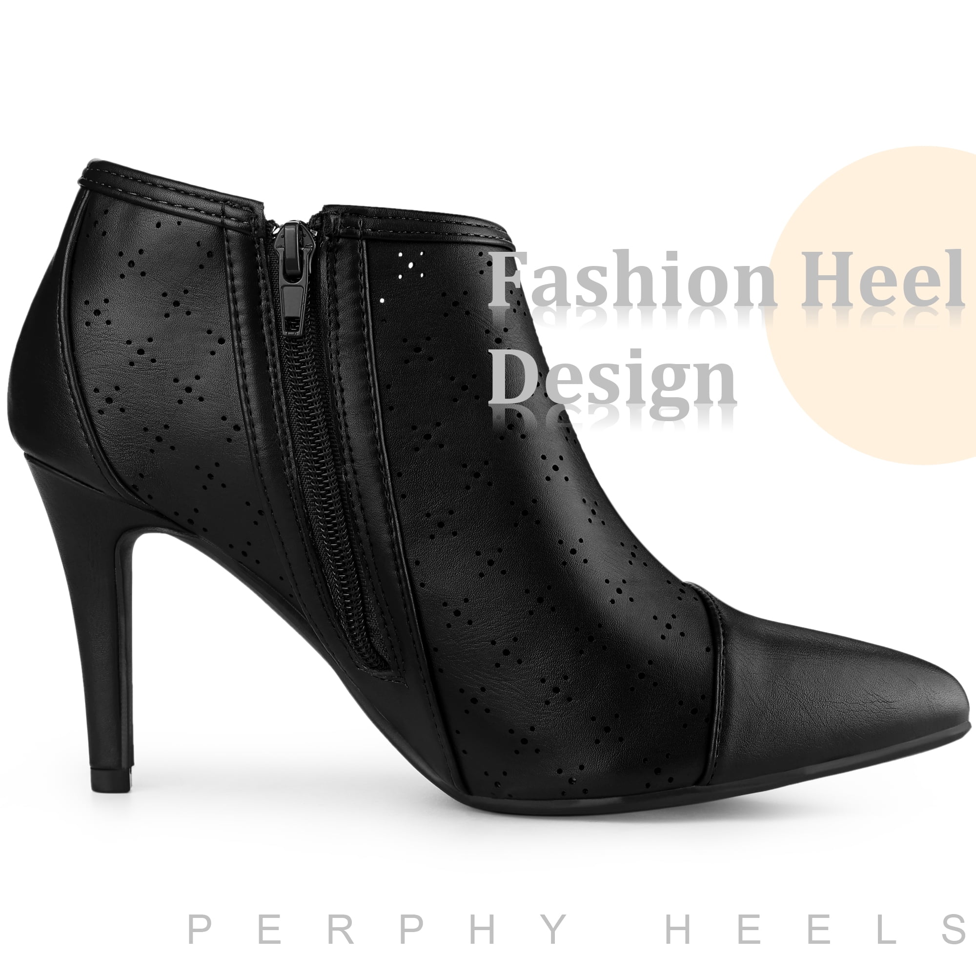 DARING DIVA Women's Perforated Pointy Toe Zipper Stiletto Heeled Ankle Boots Black 9.5