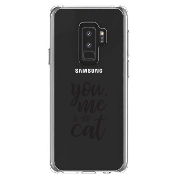DistinctInk Clear Shockproof Hybrid Case for Samsung Galaxy S9  PLUS (6.2" Screen) - TPU Bumper Acrylic Back Tempered Glass Screen Protector - You, Me & the Cat
