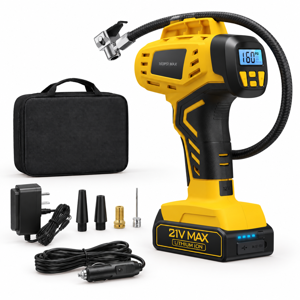 Yellow Portable Tire Inflator 21V 160PSI Cordless and Corded Air Compressor