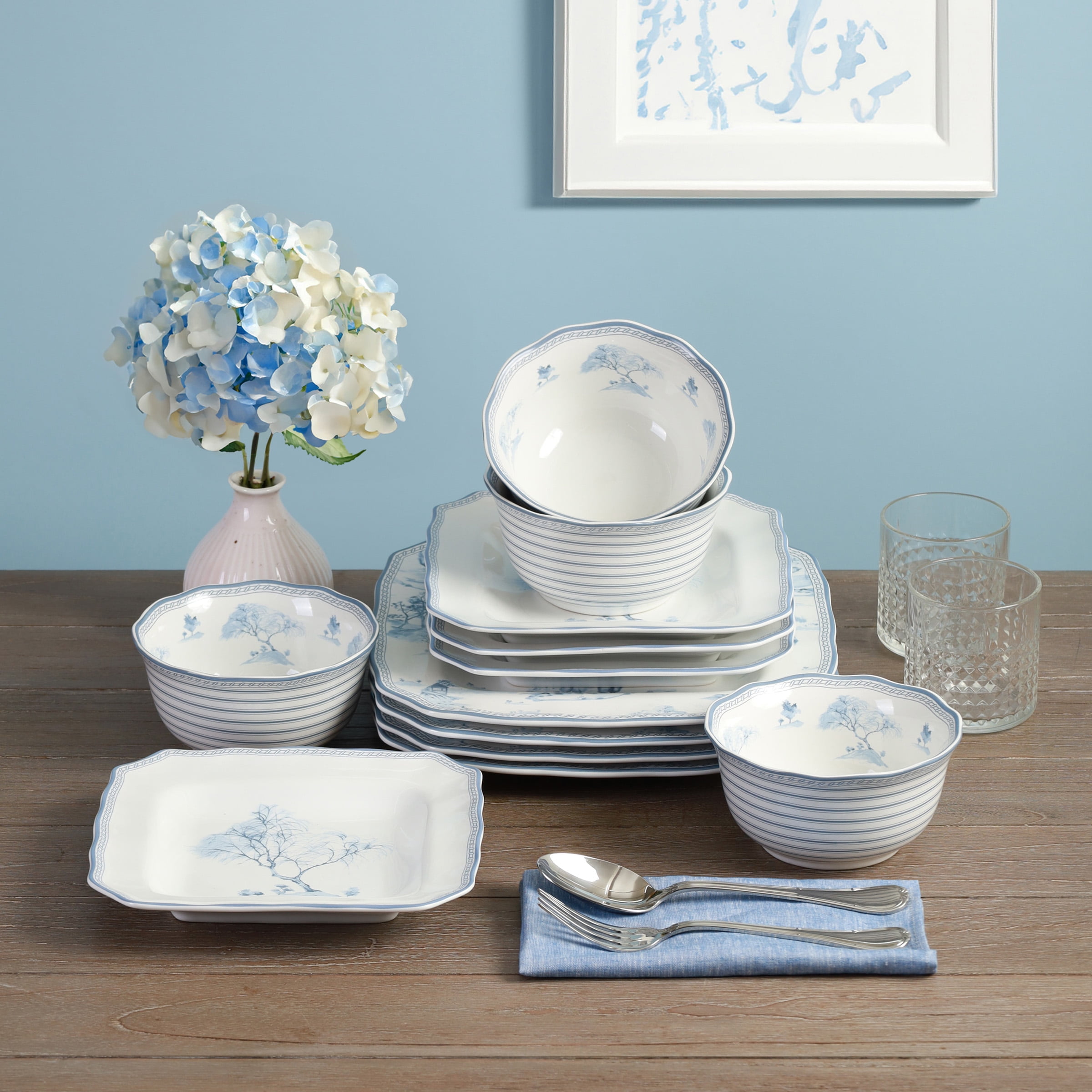 222 Fifth Scenic Toile Blue Porcelain 12-Piece Dinnerware Set