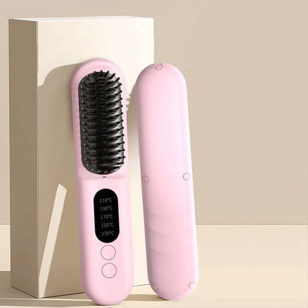 Cepillo Alisador de Pelo Inalámbrico, Cepillo Alisador de Calentamiento Rápido, Rizador de Pelo de Iones Negativos, Peine Calefactor Portátil-Rosa
