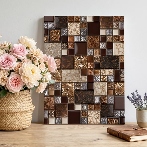 Canvas Wall Art Square Stone Tiles Canvas Art Print Vintage Brown Tan Ornate Embossed Relief Grid Pictures Wall Decor for Living Room Artwork Decorations Stretched Framed Ready to Hang 11"x14"
