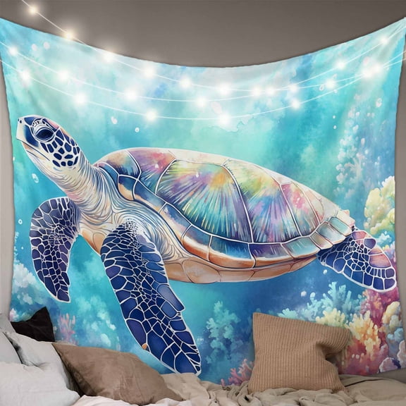 Turtle Tapestry for Bedroom Wall Hanging Tapestry, Coastal Ocean Coral Gradient Watercolor Ceiling Backdrop Tapestries Poster Blanket Wall Decor for Teens Room Living Room Dorm 59" x 79"