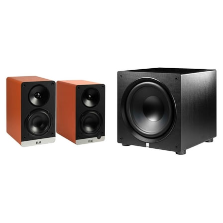 Elac DCB41-OR - Debut ConneX 4.5" Powered Speakers - Orange, Pair and Elac PS500-BK - Varro Premium 15" 500 Watt Powered Subwoofer with Auto-EQ