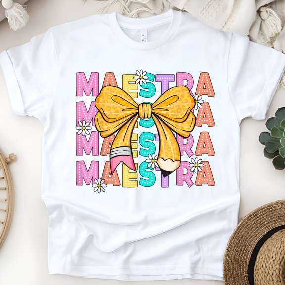 Maestra Teacher Shirt with Pencil Bow and Daisies, Spanish Educator Tee, White, Size S
