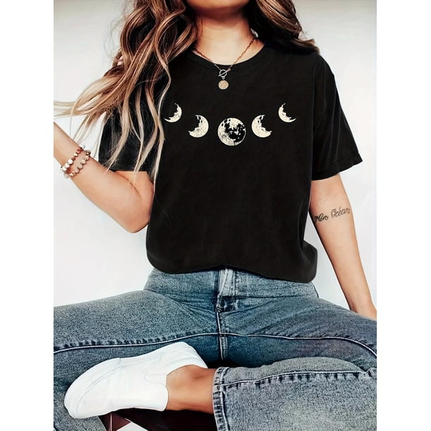 Women'S Moon Phase Print T-Shirt, Short Sleeve Crew Neck, Cotton Jersey Knit Fabric, Sun & Moon Pattern, Regular Length Top for Spring/Summer/Fall