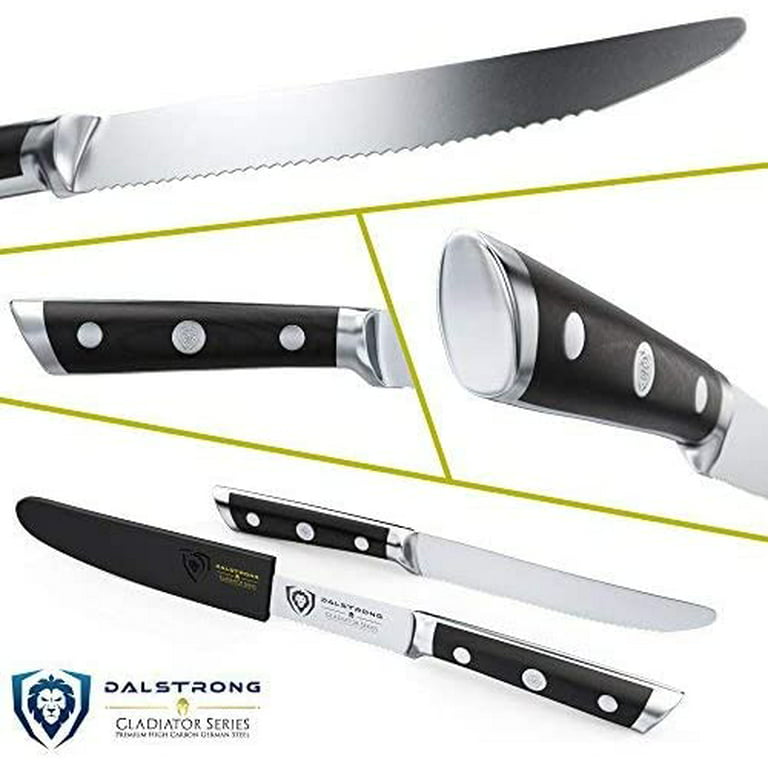 DALSTRONG Steak Knives - Set of 4 - 5 Serrated-Edge Blade - Gladiator  Series - Forged German ThyssenKrupp HC Steel - Black G10 Garolite Handle -  Sheaths Included 