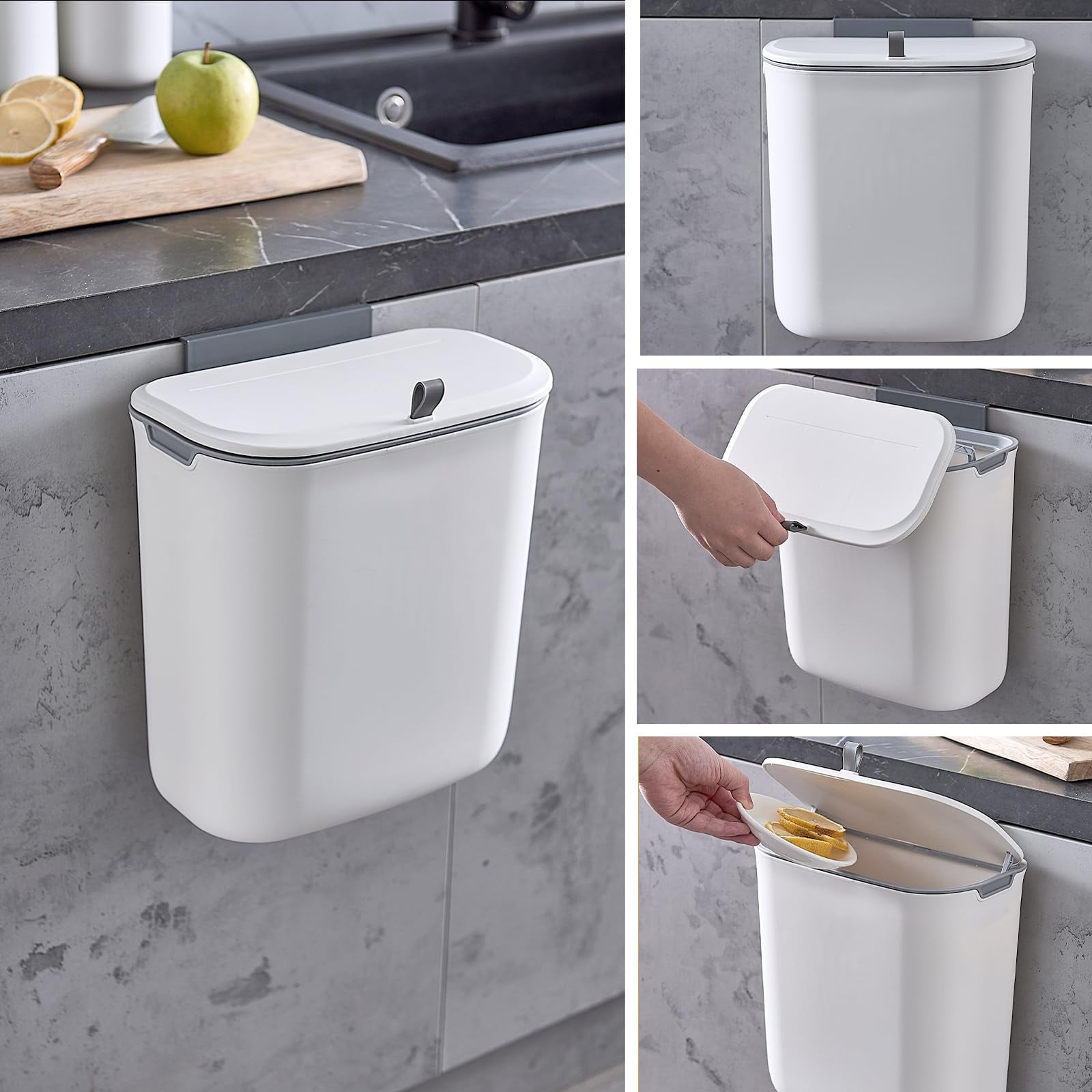 Kitchen Compost Bin, 2.5 Gallon Cabinet Door Hanging Trash Can, Bathroom Wall Sticking Trash Bin, No Fruit Flies Compost Bucket, Under Sink Trash Can Plastic Wall Mounted, White